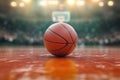 Photo Game ready setting Basketball ball positioned in front of sleek arena