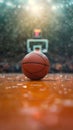 Photo Game ready setting Basketball ball positioned in front of sleek arena