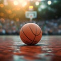 Photo Game ready setting Basketball ball positioned in front of sleek arena