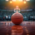 Photo Game ready setting Basketball ball positioned in front of sleek arena