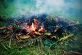 A photo of garbage being burned in the evening. The fire is burning Royalty Free Stock Photo
