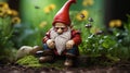 Photo of a garden gnome sitting in a lush green grassy patch