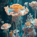 photo generated with AI of a living nature of jellyfish plants in a surreal, dreamlike atmosphere,