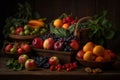 Various fresh fruits and vegetables in the basket and in the bowl on the wood table, Generative Ai