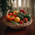 Various fresh fruits and vegetables in the basket on the wood table in the dining room, Generative Ai