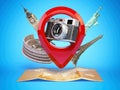 Photo geo tag concept. Camera in pin pointer with famous places and world map. Travel and tourism concept Royalty Free Stock Photo