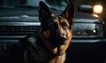 Photo of a German Shepherd poised and ready for action illuminated by a dramatic beam of light as it stands in front of a car Royalty Free Stock Photo