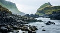 A photo of the Giant\'s Causeway, with hexagonal basalt columns as the background, during a misty morning Royalty Free Stock Photo