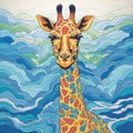 Colorful Psychedelic Giraffe Illustration In The Sea