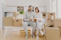 Photo of glad wife and husband sit closely to each other, have good mood, being happy owners of new flat, drink takeout coffee,