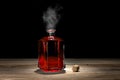 Photo of a glass bottle with red liquid. Releasing smoke from a bottle. Magic Potion Concept. Royalty Free Stock Photo