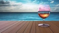 a glass of cocktail on wooden table with ocean and cloudy sky Royalty Free Stock Photo