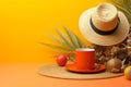 a glass of coffee with palm leaf and hat summer concept background ai generated Royalty Free Stock Photo