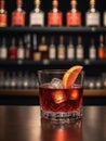 Photo Of Glass Of Negroni Vermouth Campari Drink On Bar And Bar View. Generative AI Royalty Free Stock Photo