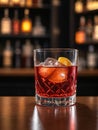 Photo Of Glass Of Negroni Vermouth Campari Drink On Bar And Bar View. Generative AI Royalty Free Stock Photo