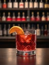 Photo Of Glass Of Negroni Vermouth Campari Drink On Bar And Bar View. Generative AI Royalty Free Stock Photo