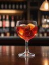 Photo Of Glass Of Negroni Vermouth Campari Drink On Bar And Bar View. Generative AI Royalty Free Stock Photo