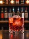 Photo Of Glass Of Negroni Vermouth Campari Drink On Bar And Bar View. Generative AI Royalty Free Stock Photo