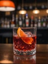 Photo Of Glass Of Negroni Vermouth Campari Drink On Bar And Bar View. Generative AI Royalty Free Stock Photo