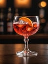 Photo Of Glass Of Negroni Vermouth Campari Drink On Bar And Bar View. Generative AI Royalty Free Stock Photo