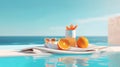a glass of orange juice, sun glasses, fruit and towel in swimming pool ai generated