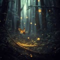 glowing butterfly in dark forest ai generated Royalty Free Stock Photo