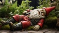 Photo of a gnome statue lying on the ground with stomach pain