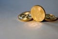 Photo Golden Bitcoins On Blue Background. Trading Concept Of Crypto Currency