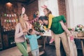 Photo of good mood funny family have fun together father hold piggyback his daughter playing with kids celebrate easter