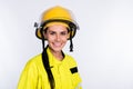 Photo of good mood positive young firewoman dressed yellow uniform helmet smiling empty space isolated white color