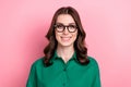 Photo of gorgeous clever cute friendly woman with wavy hairdo dressed green shirt glasses toothy smiling isolated on Royalty Free Stock Photo