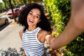 Photo of gorgeous lovely cute girl traveling in city shooting recording video live stream outdoors Royalty Free Stock Photo