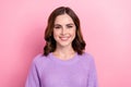 Photo of gorgeous positive nice pretty woman with wavy hairstyle dressed knit sweater toothy smiling isolated on pink