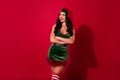 Photo of gorgeous self-assured lady crossed hands look away wear elf costume isolated red color background