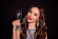 Photo of gorgeous stunning young woman hold champagne glass wear glamour clothes isolated on black color background Royalty Free Stock Photo