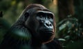 Photo of gorilla imposing & majestic standing tall in heart of an African rainforest. gorillas thick fur rippling muscles and Royalty Free Stock Photo