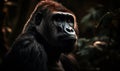 Photo of gorilla imposing & majestic standing tall in heart of an African rainforest. gorillas thick fur rippling muscles and Royalty Free Stock Photo