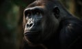 Photo of gorilla imposing & majestic standing tall in heart of an African rainforest. gorillas thick fur rippling muscles and Royalty Free Stock Photo