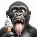 Photo Gorillas with tongue hanging out and big bulging eyes eat ice cream cone on solid white background. ai generative