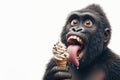 Photo Gorillas with tongue hanging out and big bulging eyes eat ice cream cone on solid white background. ai generative