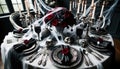 Photo of a gothic-style table setting for a Halloween feast, with black and silver cutlery, candelabras, cobwebs, and a