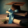 Photo of graduation hat on brown vintage thick books and blue ribbon. Generative AI