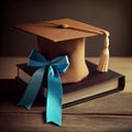 Photo of graduation hat on brown vintage thick books and blue ribbon. Generative AI