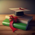 Photo of graduation hat, thick books and red ribbon. Generative AI