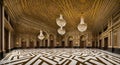 Ai generated a grand ballroom with ornate golden ceiling and sparkling chandeliers Royalty Free Stock Photo