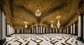 Ai generated a grand hall with ornate columns and elegant chandeliers