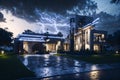 Ai generated grand mansion illuminated by a multitude of lights in the evening Royalty Free Stock Photo