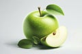 Photo of a Granny Smith apple with leaves isolated on solid white background. ai generative Royalty Free Stock Photo