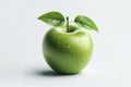 Photo of a Granny Smith apple with leaves isolated on solid white background. ai generative Royalty Free Stock Photo