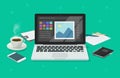 Photo or graphic editor on computer vector illustration, flat cartoon laptop screen with design or image editing Royalty Free Stock Photo